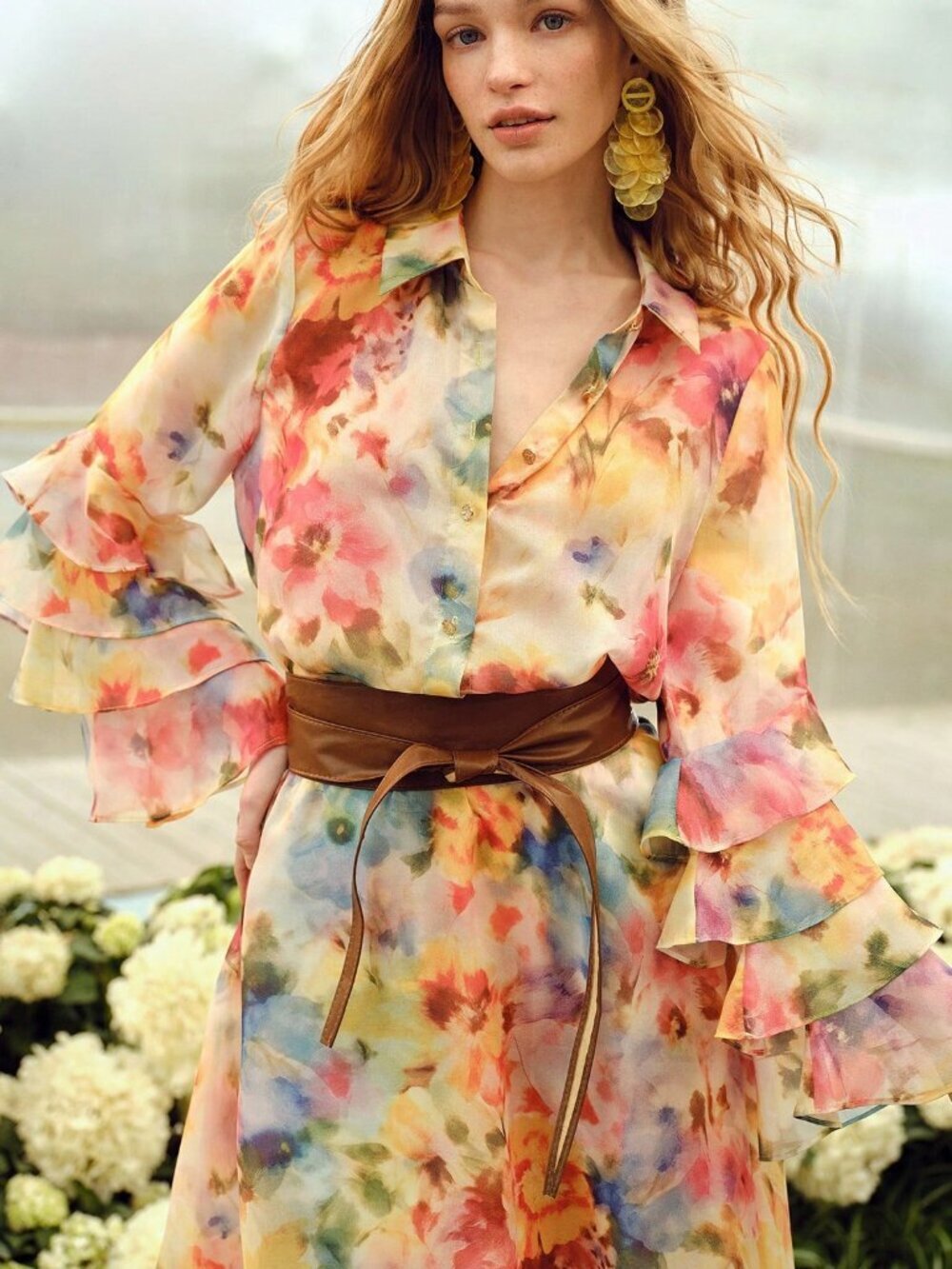 Women's Floral Print Ruffle Detail Romantic Elegant Long Sleeve Shirt blouse